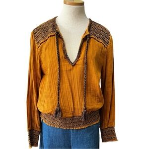 Love Sam Cotton-Gauze Embroidered Beaded Long Sleeve Top, Gold, Medium